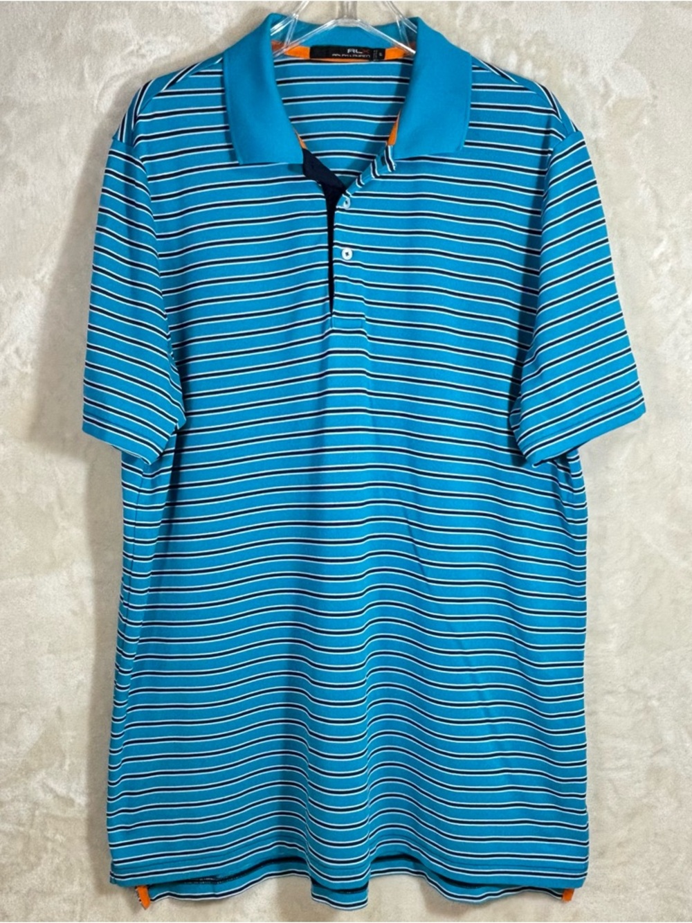 Ralph Lauren RLX Men's Blue Striped Golf Polo with Navy and White Accents SZ-XL